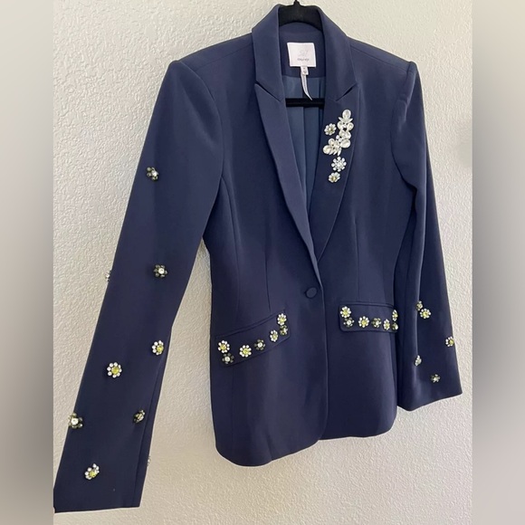 New Cinq A Sept Cheyenne Rhinestone Flower Blazer in Navy Size 4 - Picture 7 of 12